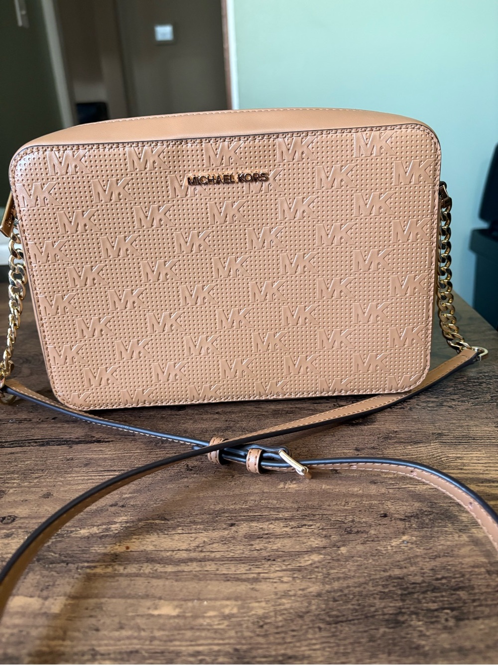 Michael Kors Pebbled MK Logo Crossbody in Nude Tan with Gold Chain